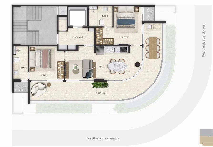 Sala e 2 suítes — 93,03 m²